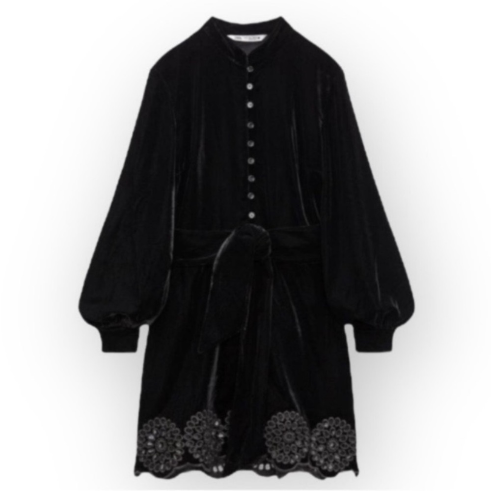 NWT! ZARA Black Velvet High Collar Button Front Mini